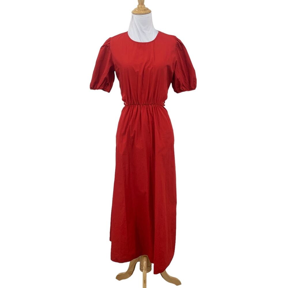 Zara Cut Out Polin Dress Womens XS Extra Small Red Midi Puff Sleeves Cinch Waist - Picture 2 of 16